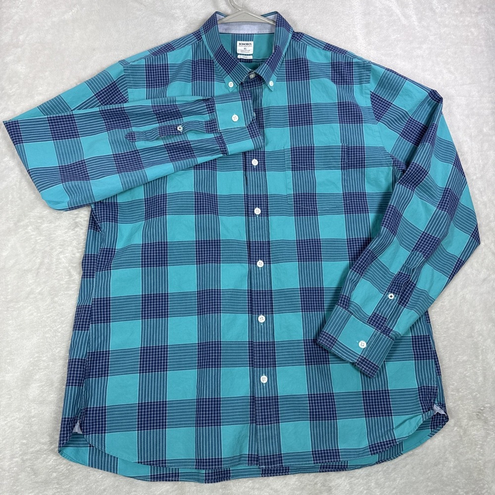 Bonobos Shirt Mens XLarge Teal Blue Plaid Standard Fit Button Down Long Sleeve